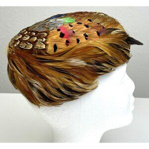VTG Womens Genuine PHEASANT FEATHER Mid-Century Fascinator PILLBOX HAT EUC